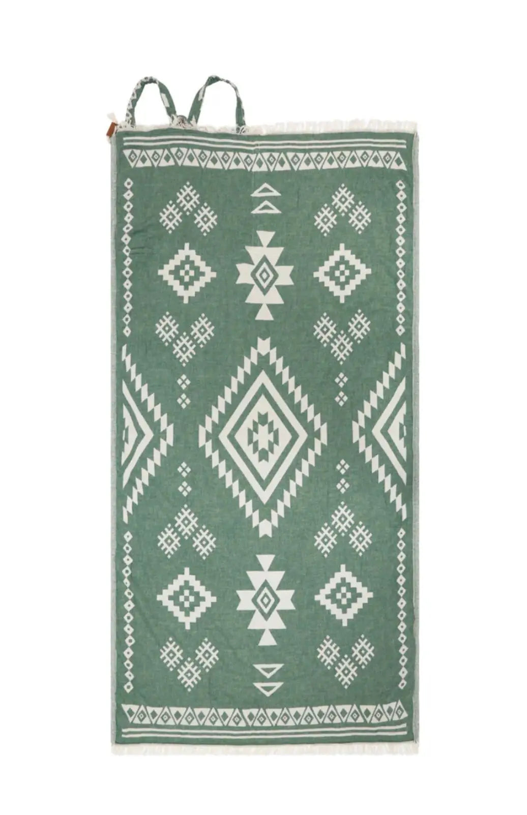 olive green diamond geometric pattern turkish towel. back pack, shoulder straps, sand free beach bag 