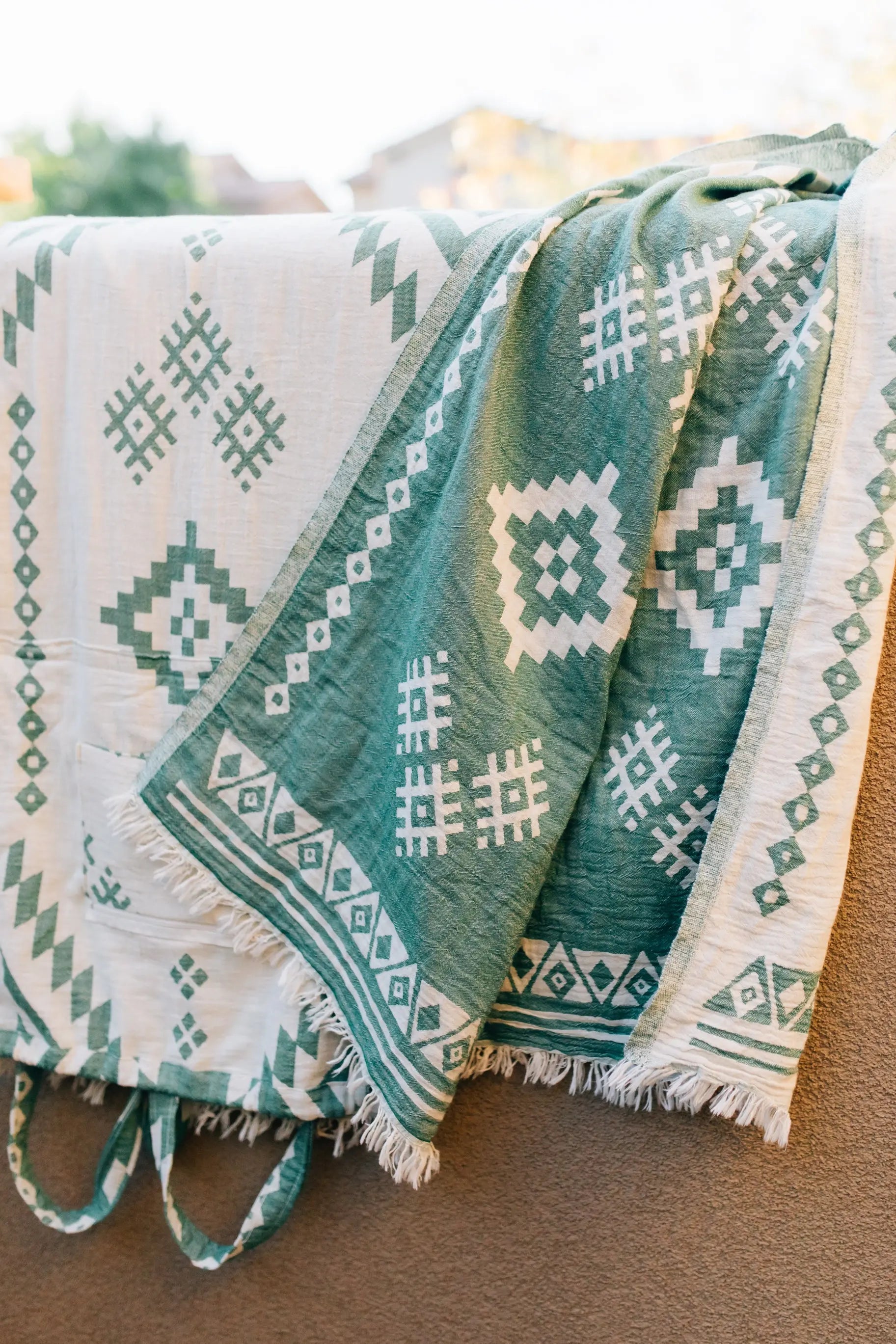 green and cream turkish towel- diamond arrow pattern. shoulder straps beach bag sand free - utah 
