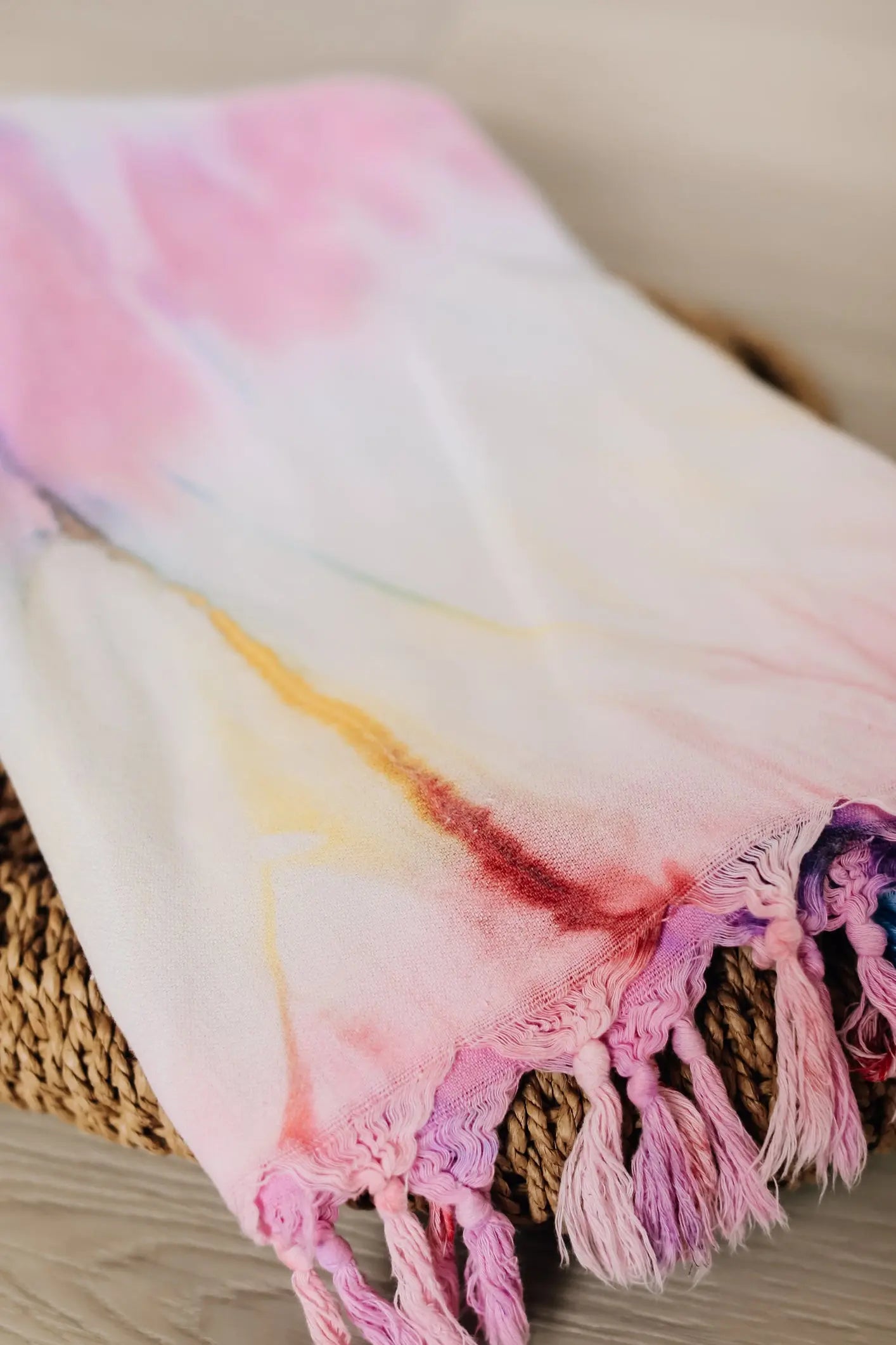 pink red yellow tie dye towel with tassels - sand free turkish towel 