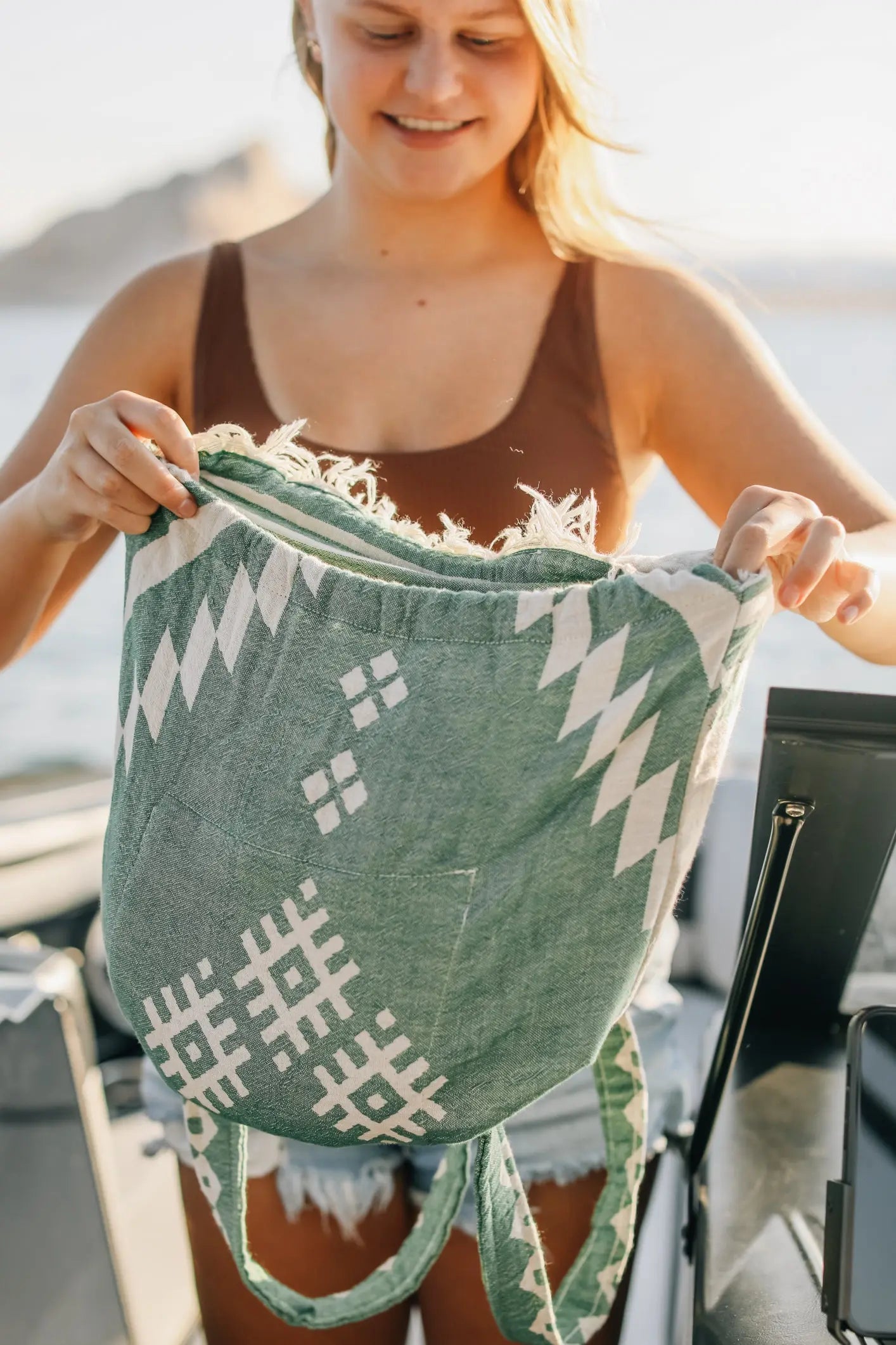 green white geometric aztec turkish towel back pack with shoulder straps and drawstring convertible towel - lake powell