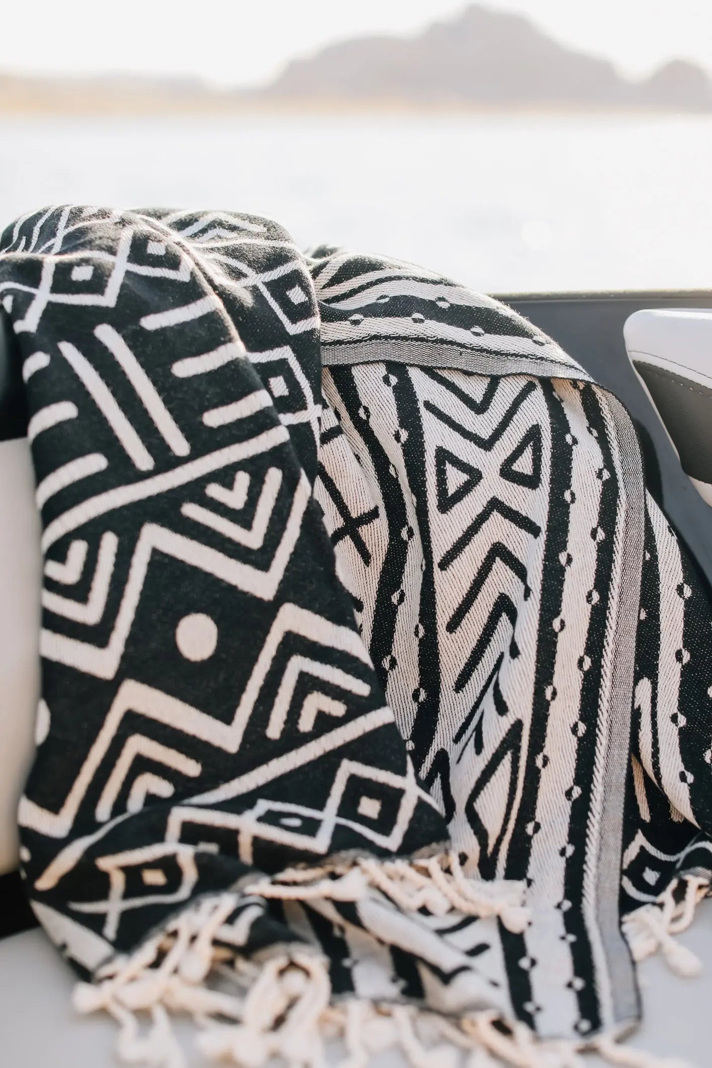 Mudcloth black white pattern extra soft reversible turkish towel , tassel beach towel . boating towel 