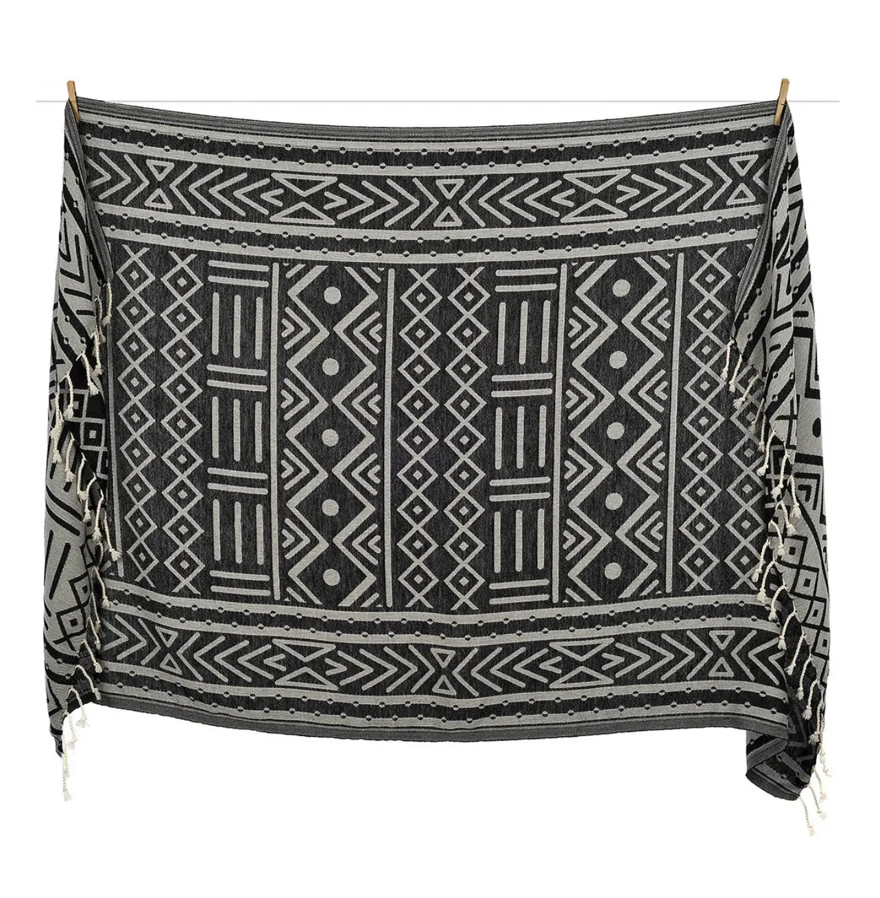 Mudcloth black white pattern extra soft reversible turkish towel , tassel beach towel 