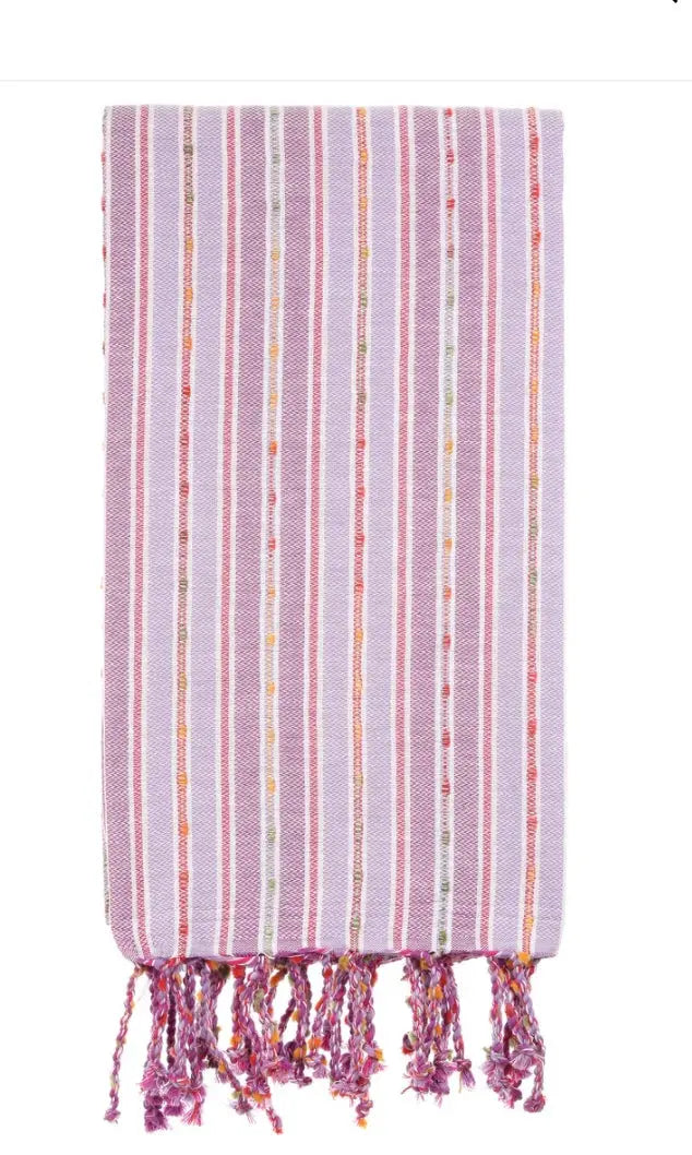 stripe purple and pink with pom pom turkish towel , hand tied tassels 
