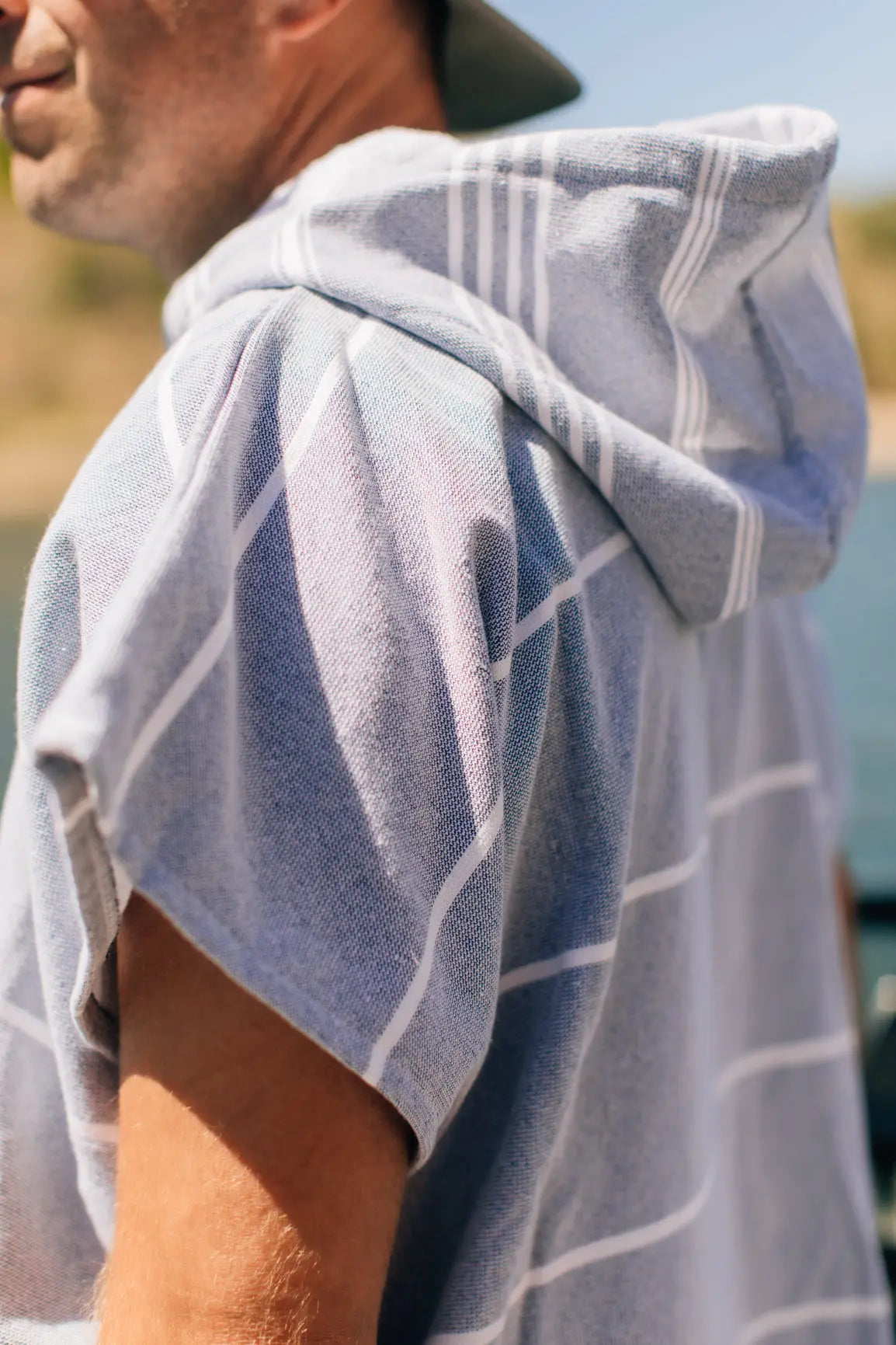 close up surf poncho, cotton terry lined stripe turkish changing towel 
