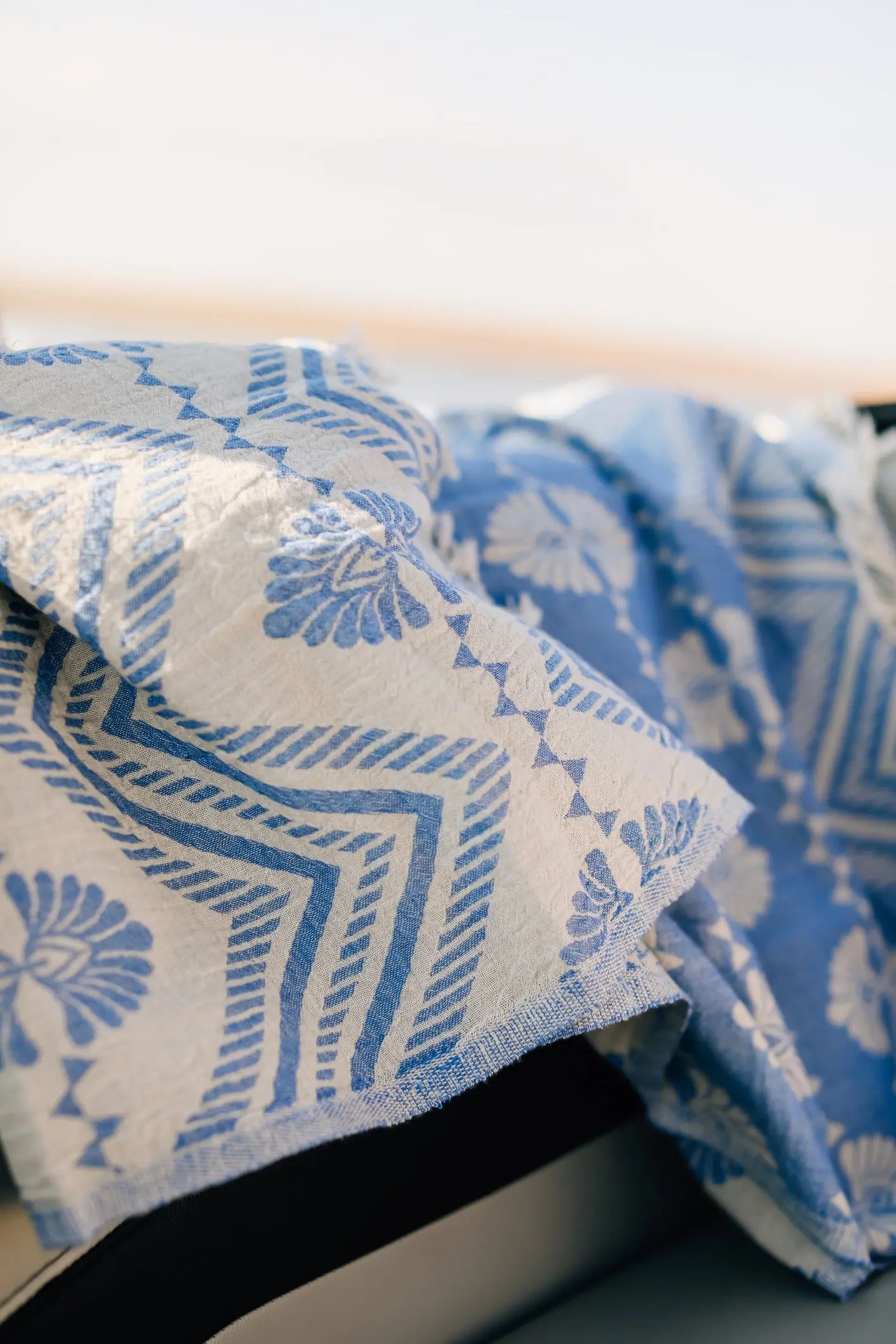 blue damask reversible pattern turkish towel- lightweight- oversized beach pool towel - on boat