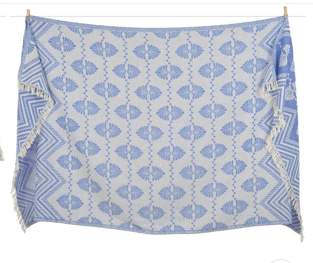 blue damask reversible pattern turkish towel- lightweight- oversized beach pool towel 