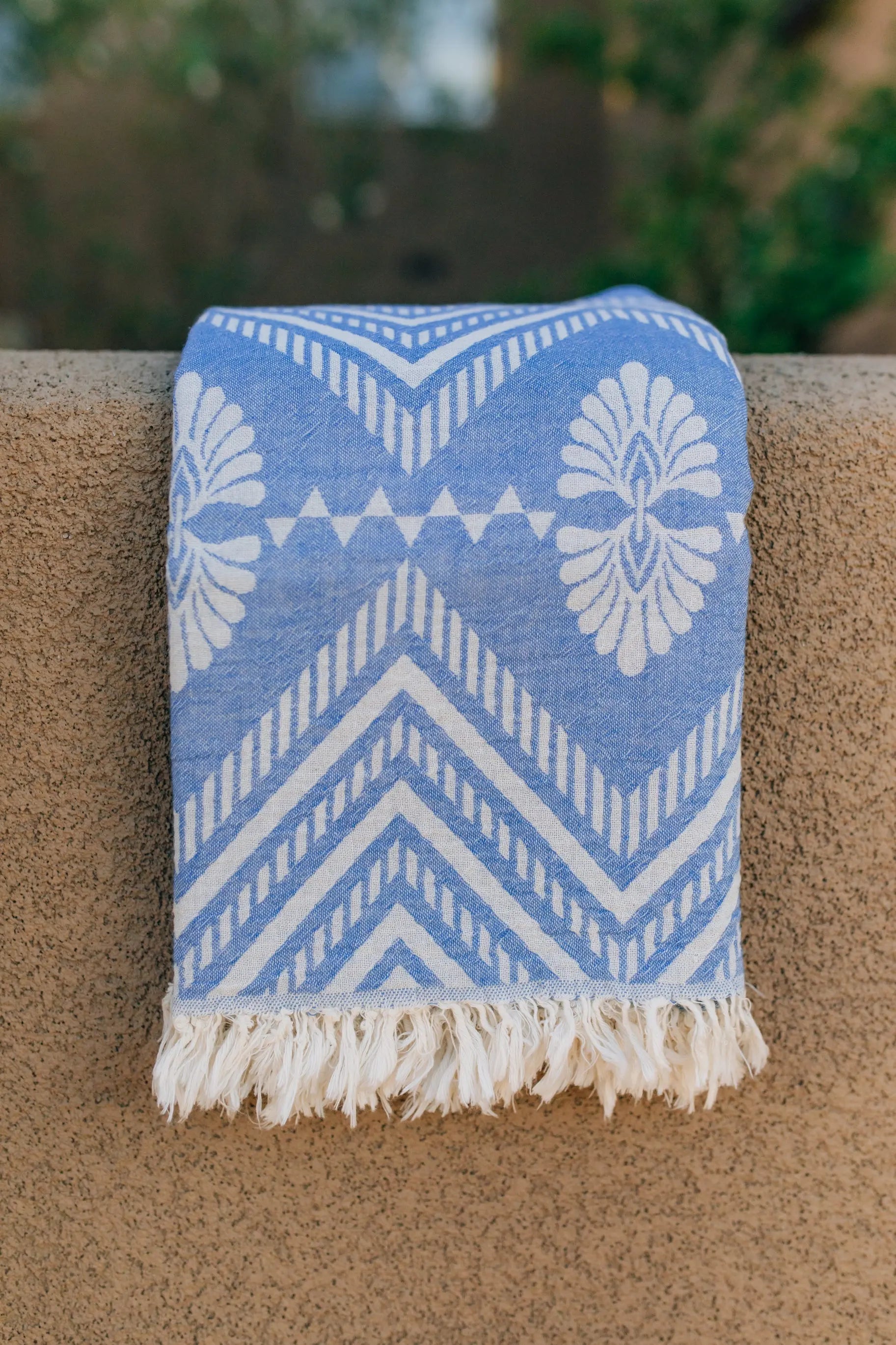 blue damask reversible pattern turkish towel- lightweight- oversized beach pool towel - tassels 