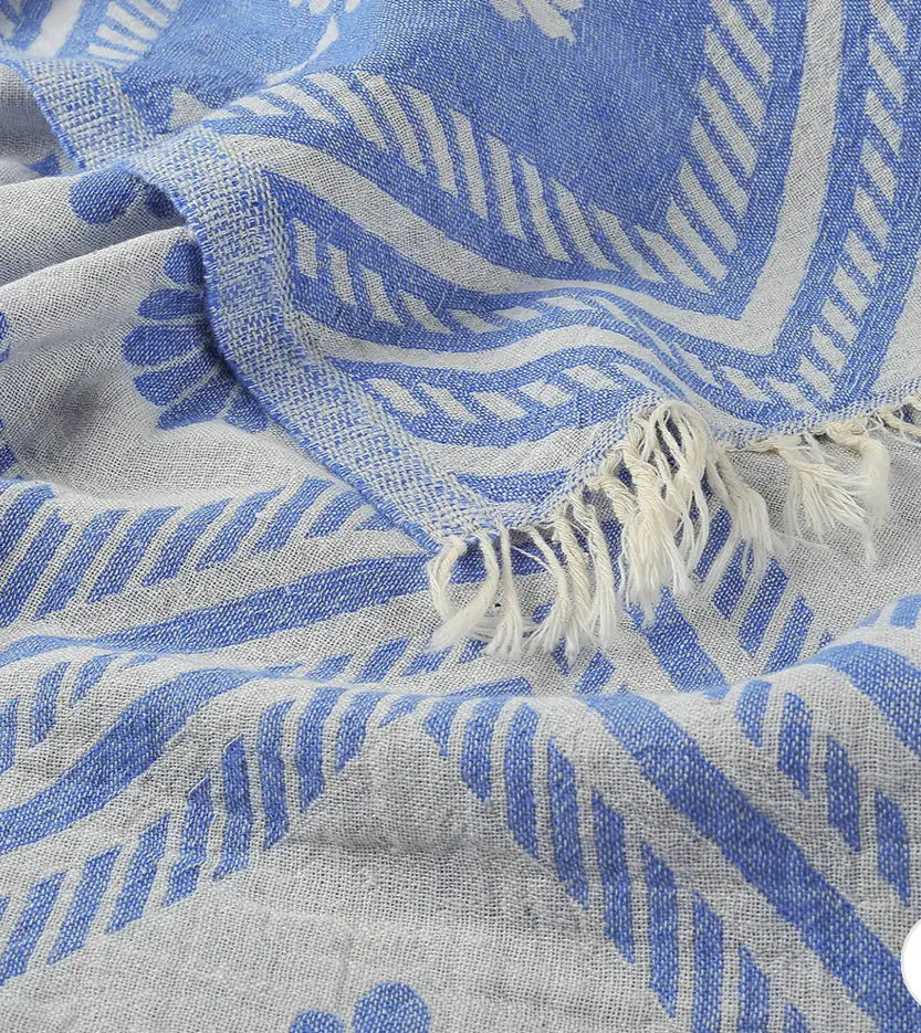 close up -blue damask reversible pattern turkish towel- lightweight- oversized beach pool towel 