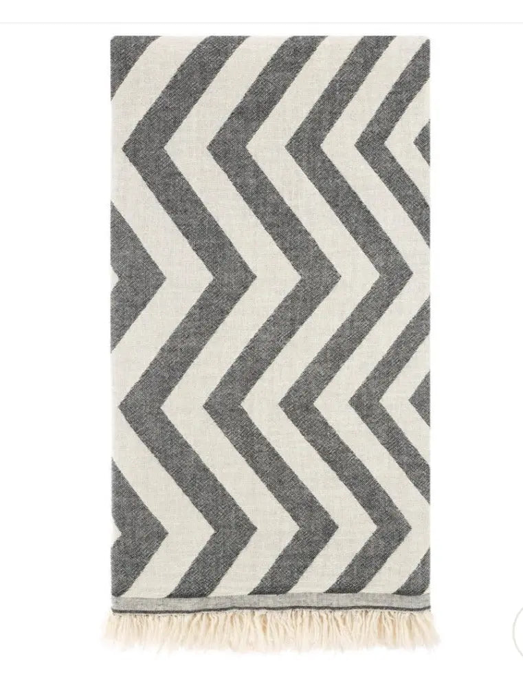dark gray and light gray turkish towel with fringe 
