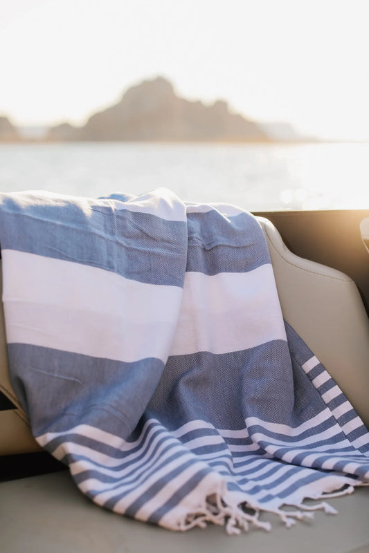 cabana print turkish towel . blue and white stripe with  tassels - boating lake powell utah arizona 