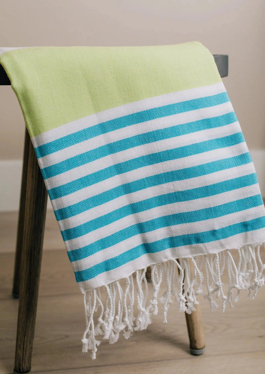 cabana print turkish towel . lime and blue stripe with  tassels 